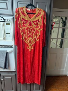 Vintage Moonlite New York Red Beaded Maxi Dress with Gold Embellished Motif